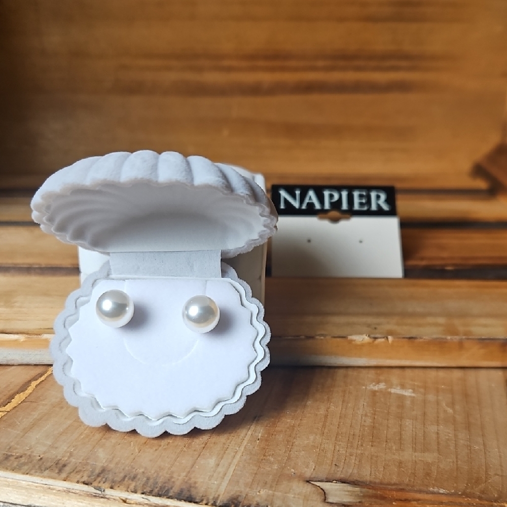 Napier Large White Pearl Earrings in Shell Box
